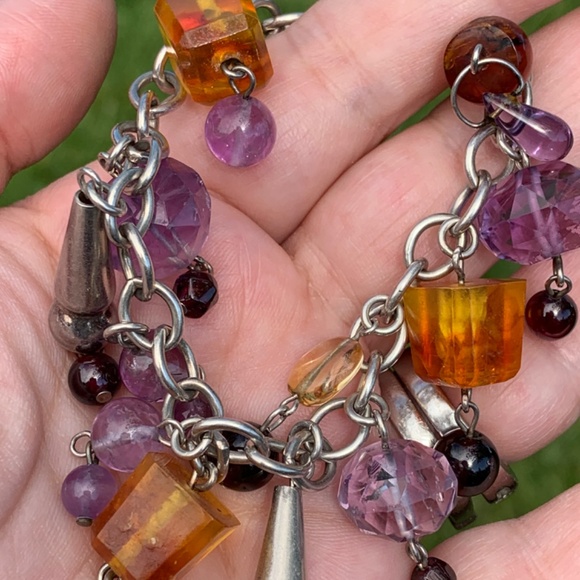 VINTAGE CHARM BRACELET HEART AMETHYST AMBER GARNET 925 STERLING SILVER UNIQUE - Picture 15 of 16